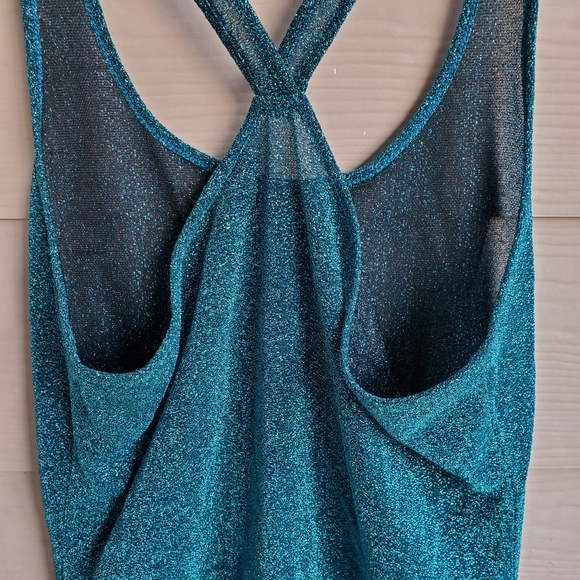 EXPRESS Glitzy Shimmery Metallic Turquoise Festive Semi-sheer Racerback Tank Top - Picture 15 of 16